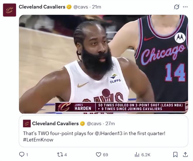 哈登36分创生涯新高率队逆转公牛取两连胜